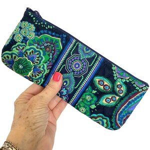 Vera Bradley Quilted Skinny Makeup Bag With Zipper Closure In Blue Green Paisley